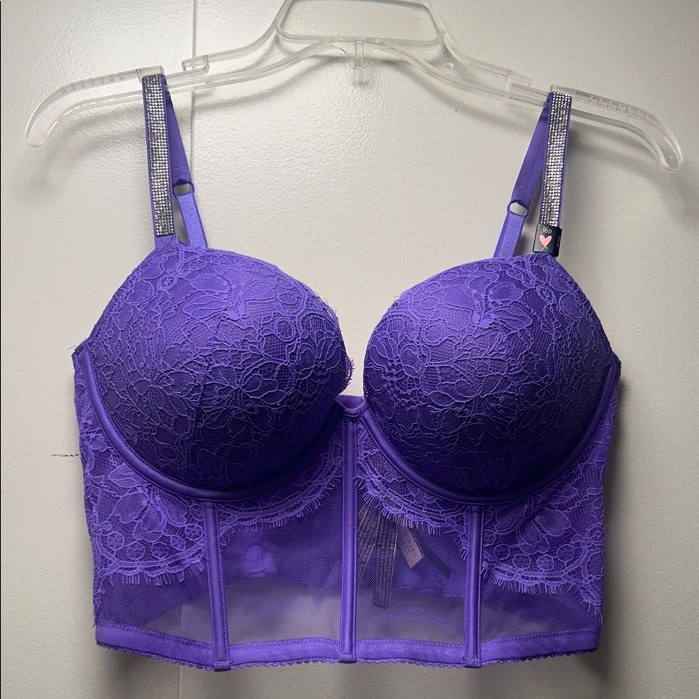 Victoria's Secret Purple Lace Longline Bra with Rhinestone Straps
